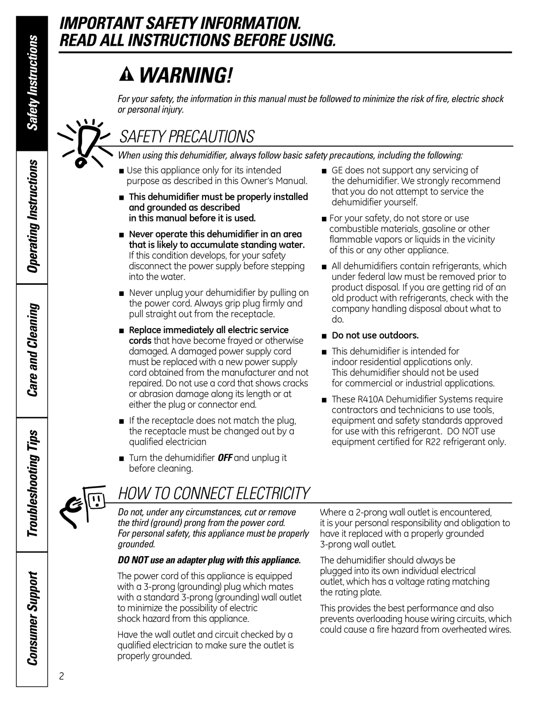 GE ADEH50 owner manual Tips Care and Cleaning Operating Instructions, Do not use an adapter plug with this appliance 