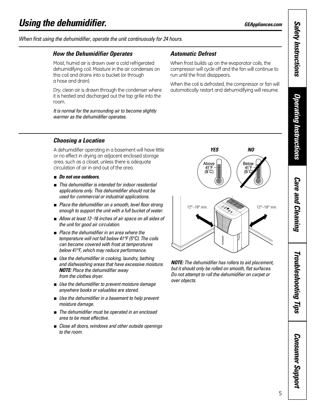 GE ADEH50 owner manual Using the dehumidifier, Safety, Instructions Operating 