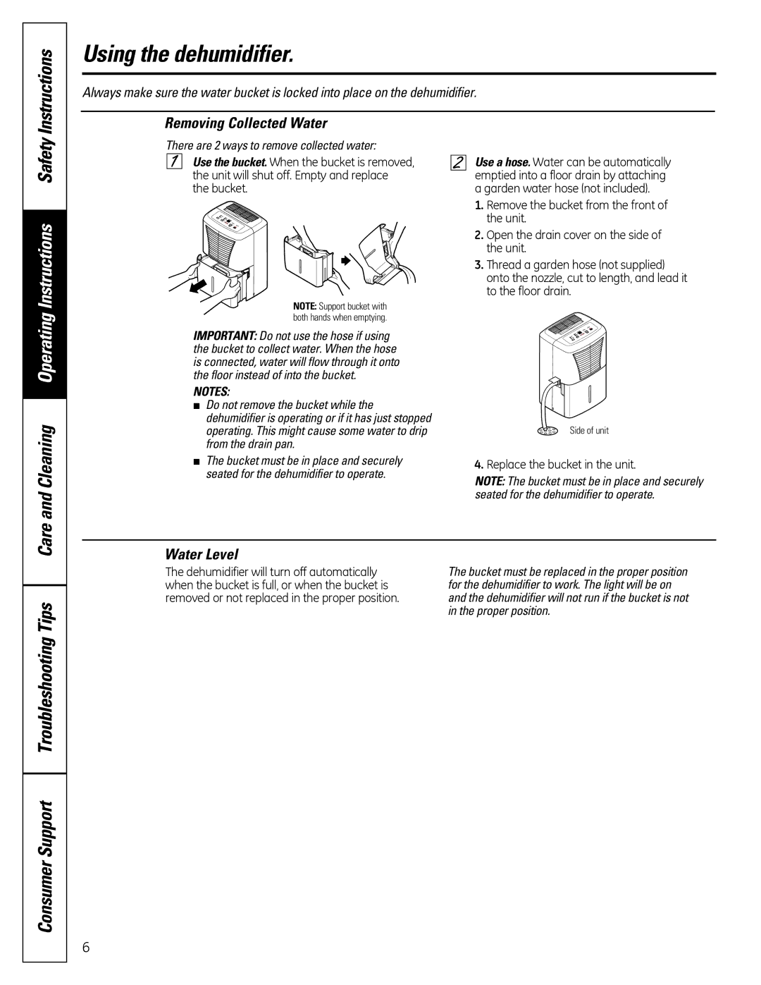 GE ADEH50 owner manual Instructions, Removing Collected Water, Water Level 