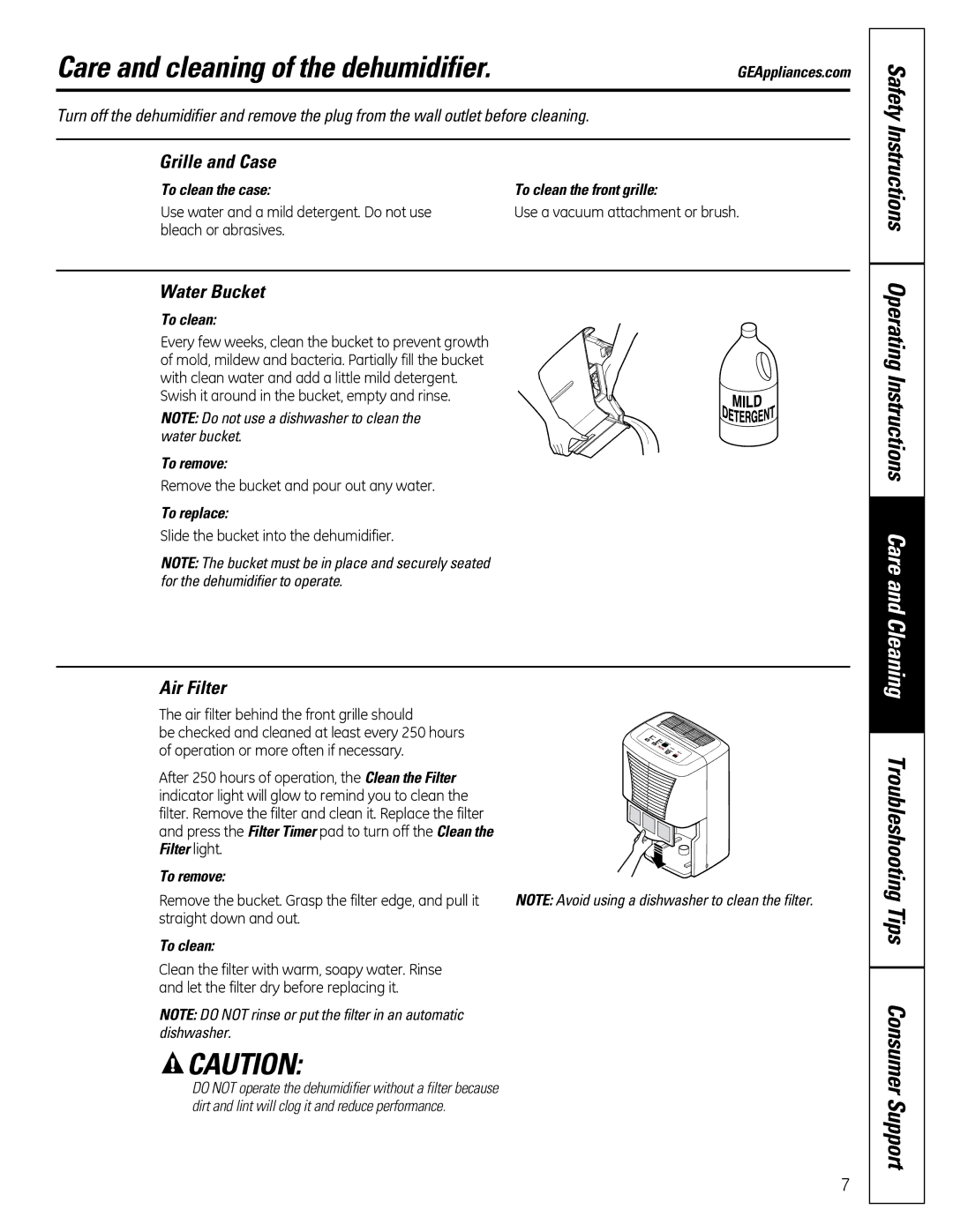 GE ADEH50 owner manual Care and cleaning of the dehumidifier, Grille and Case, Water Bucket, Air Filter 