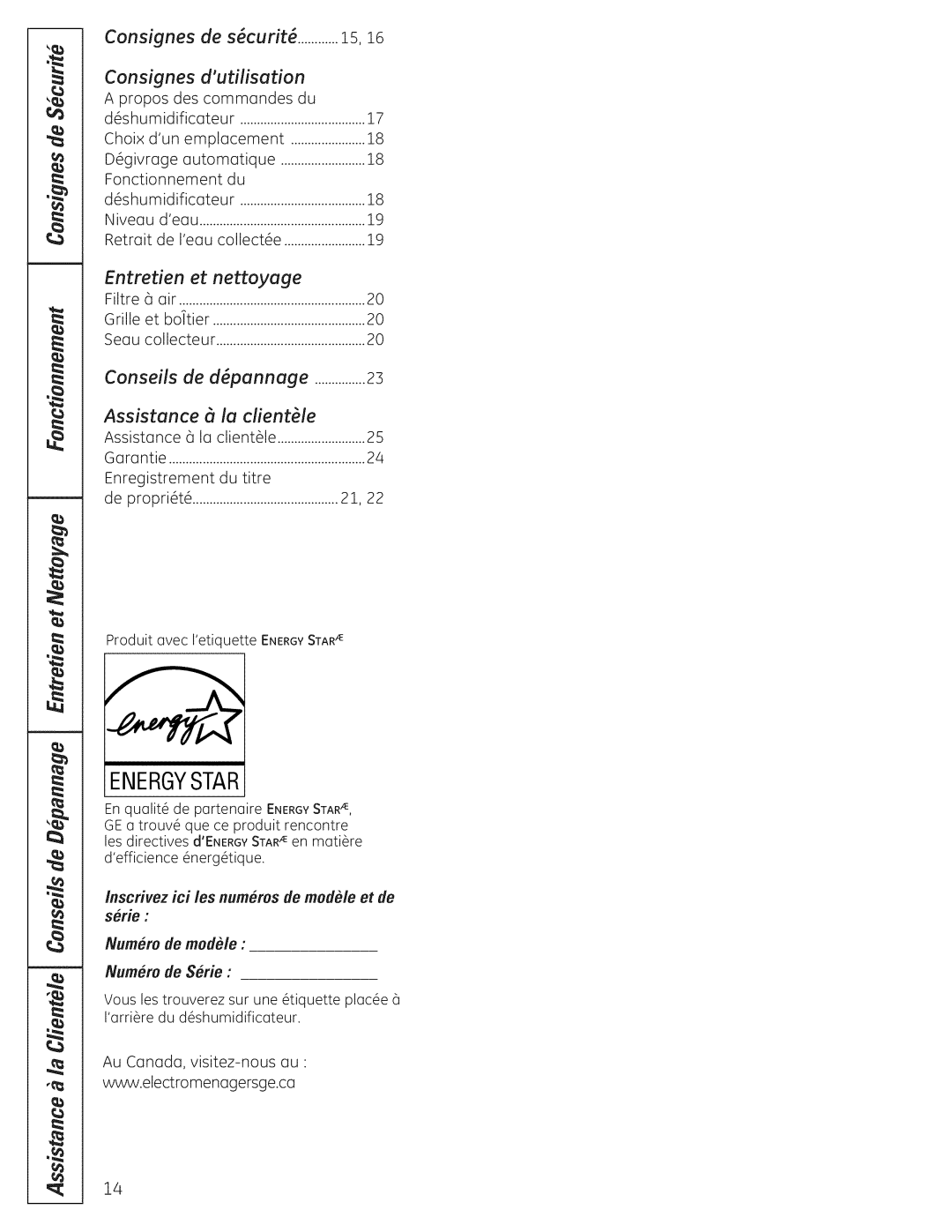 GE ADEHSO, ADERSO Entretien Nettoyage, Inscrivez ici les humerus de modele et de, Numem de modele Numem de Serie 