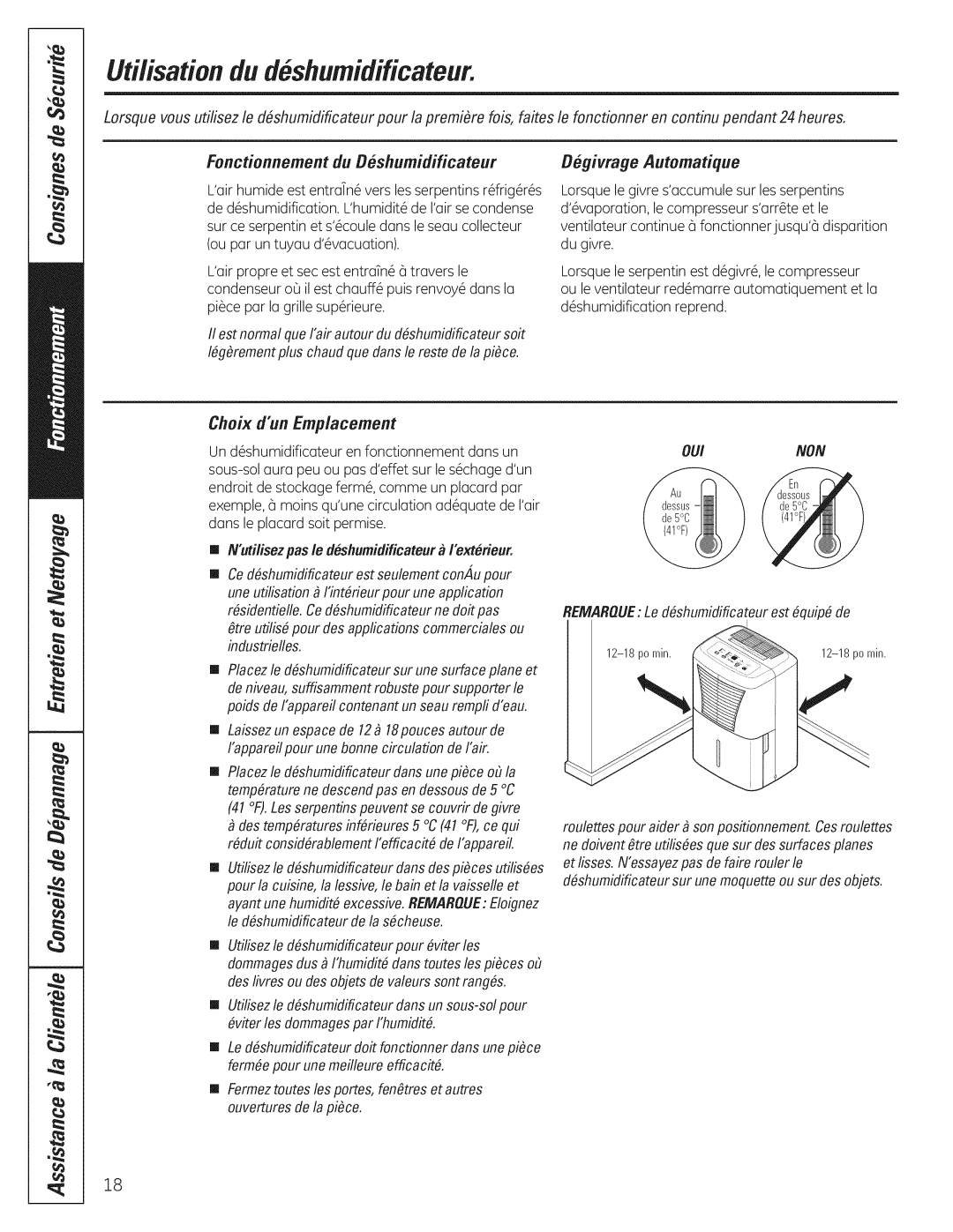 GE ADEHSO Utilisationdudeshumidificateur, Fonctionnement flu B#shumidificateur #givrage Automatique, Choix dun Emplacement 