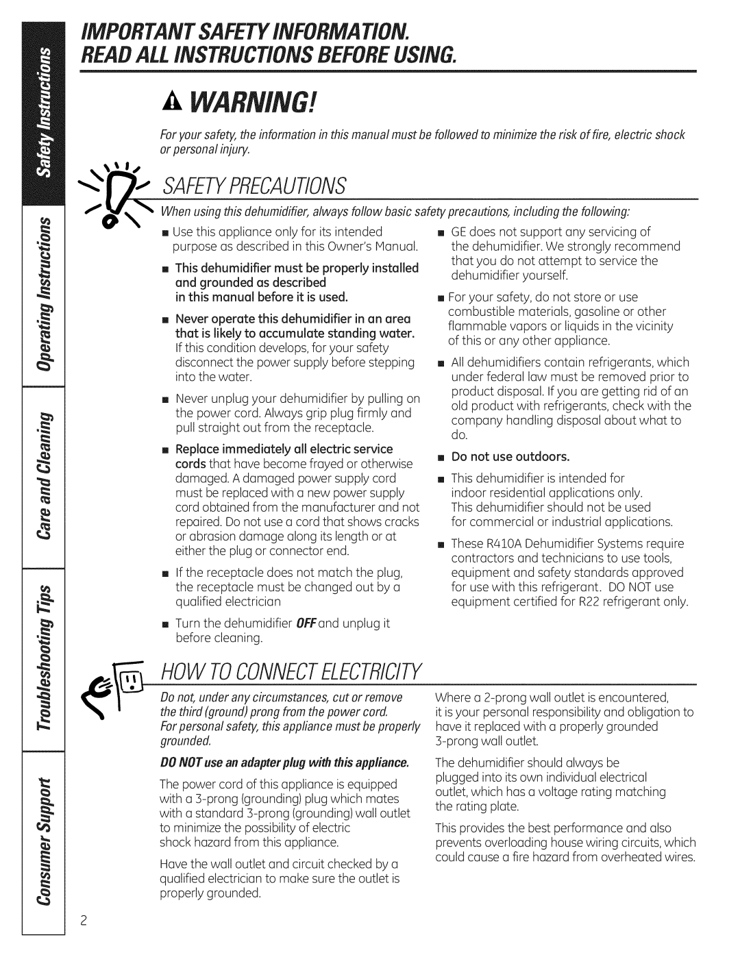 GE ADEHSO IMPORTANTSAFETYINFORMATION. Readall iNSTRUCTiONSBEFOREUSING, Do not use an adapter plug with this appliance 