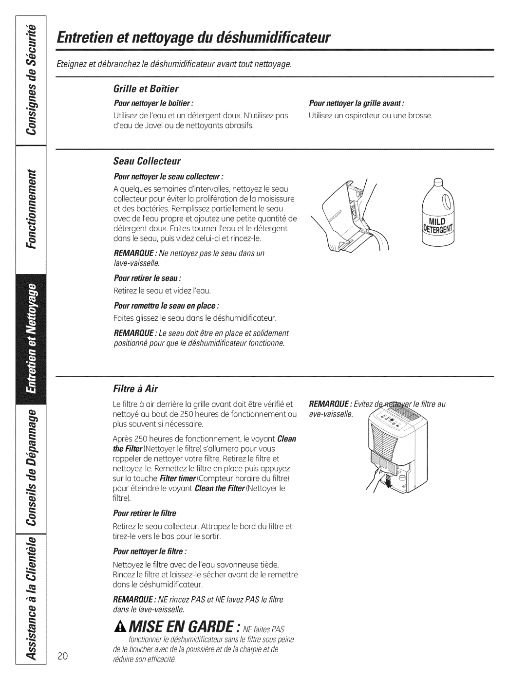 GE ADEHSO, ADERSO warranty Miseen Garbe ai,MSs, Entretienet nettoyagedu d#shumidificateur, Grille et Bo#ier, Filtre a Air 