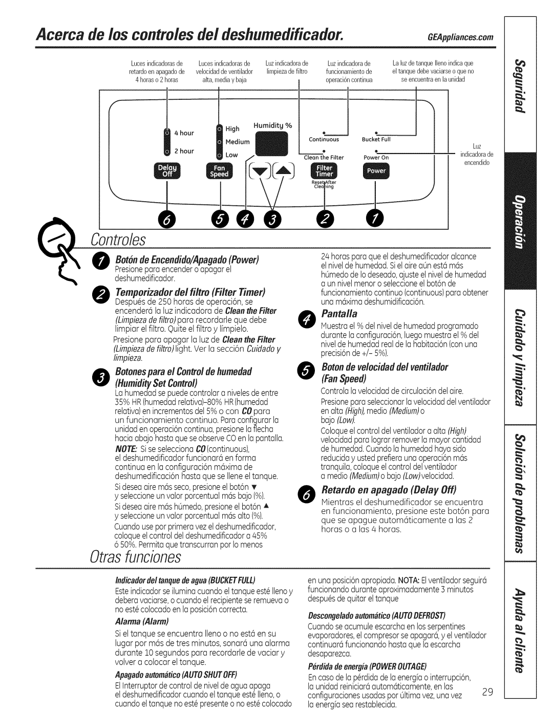 GE ADERSO, ADEHSO Pcerca de los controlesde/deshumedificador CEArplianoe .oom, Botonesparael Controlde humedad, FanSpeed 