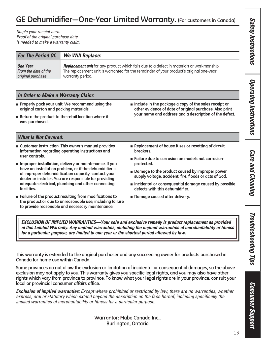 GE ADEH50, ADER50, ADER65, ADER30, ADER40 owner manual Care and Cleaning, Safety Instructions Operating 