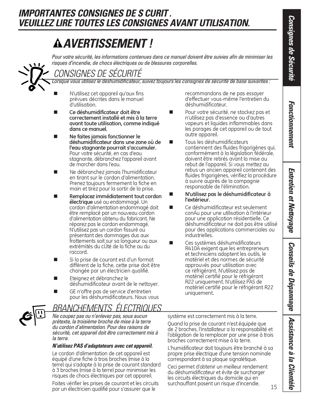 GE ADER50, ADER65, ADER30, ADEH50, ADER40 owner manual Avertissement, ’utilisez PAS d’adaptateurs avec cet appareil 