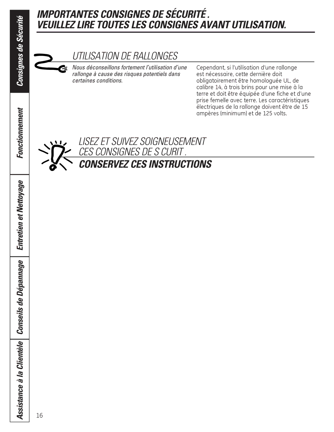 GE ADER65, ADER50, ADER30, ADEH50, ADER40 Conseils de Dépannage Entretien et Nettoyage, Fonctionnement ConsignesSafety 