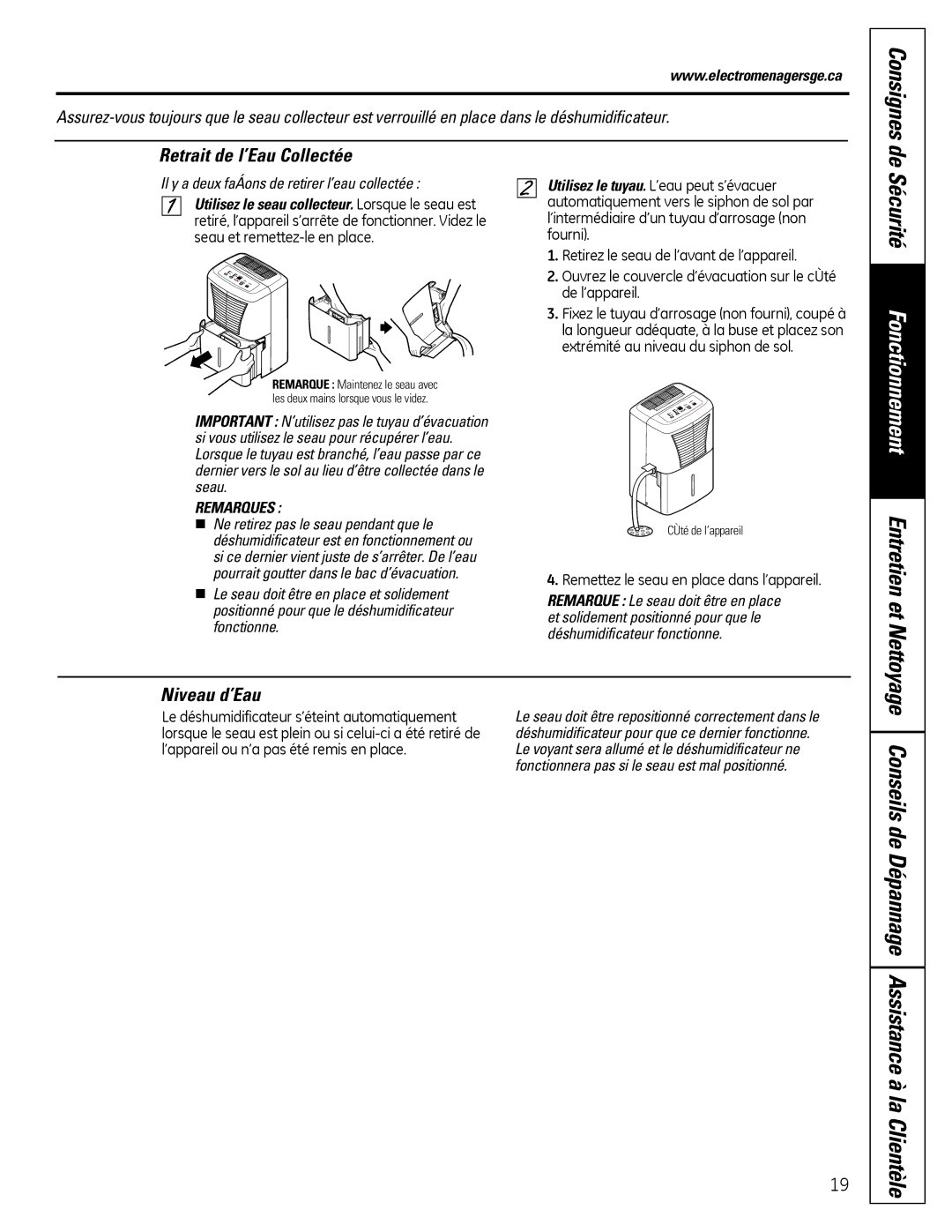 GE ADER40, ADER50 Retrait de l’Eau Collectée, Niveau d’Eau, Assistance à la, Il y a deux faÁons de retirer l’eau collectée 