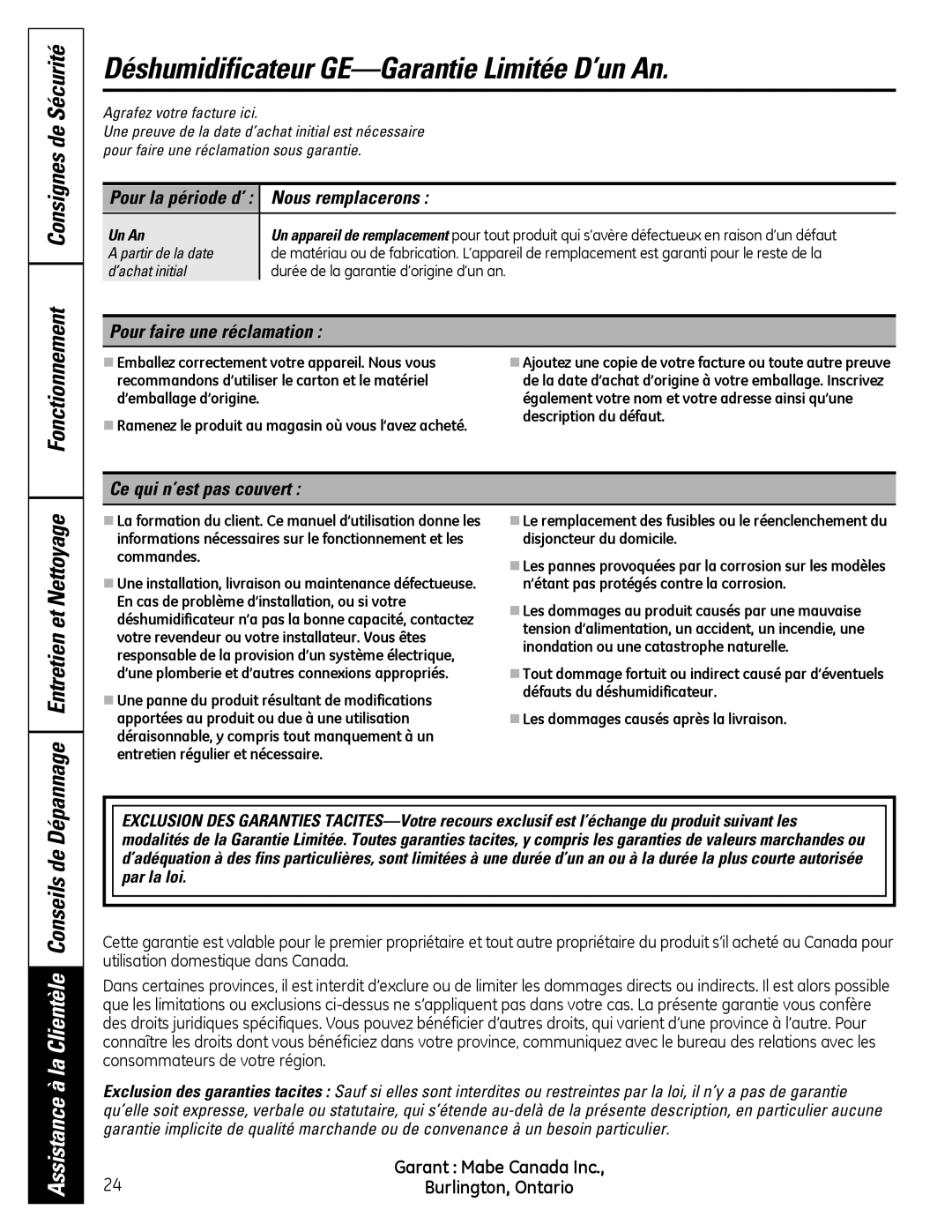 GE ADER40 Déshumidificateur GE-Garantie Limitée D’un An, Pour la période d’ Nous remplacerons, Pour faire une réclamation 