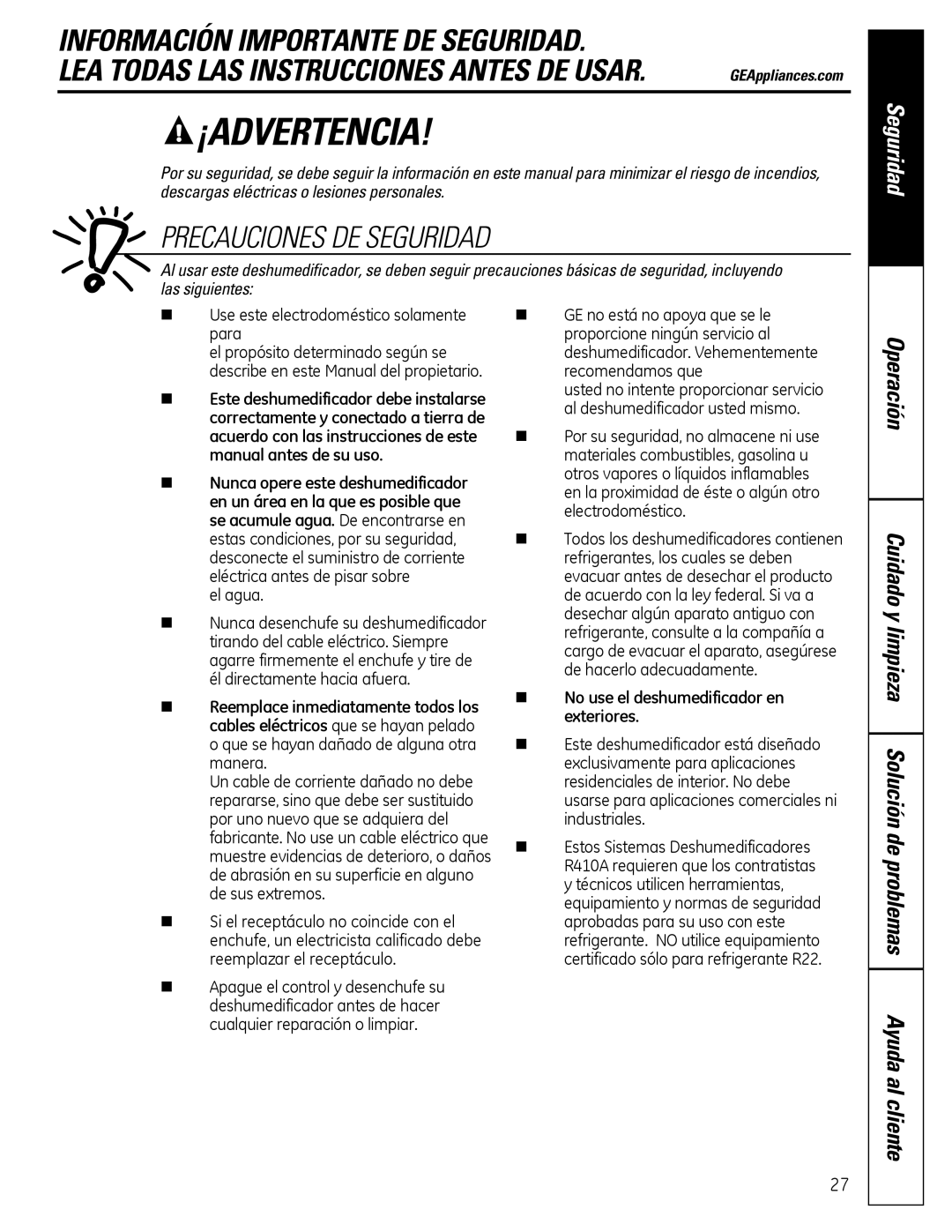 GE ADER30, ADER50, ADER65, ADEH50, ADER40 owner manual ¡Advertencia 