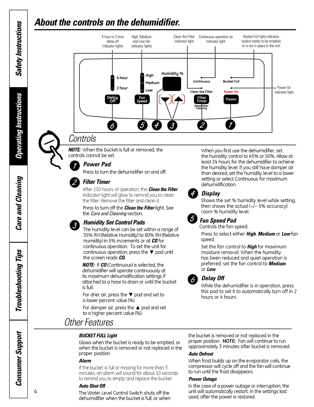 GE ADER40, ADER50, ADER65, ADER30, ADEH50 owner manual About the controls on the dehumidifier, Instructions Safety Instructions 