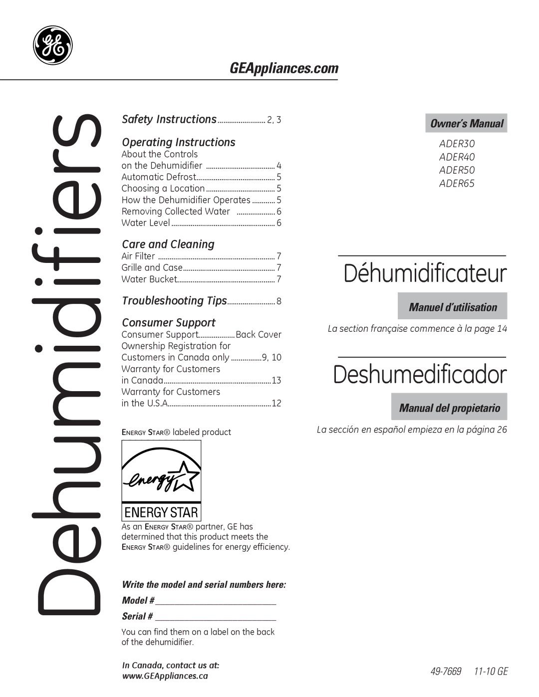 GE ADER65, ADER50, ADER30, ADER40 owner manual Back Cover, You can find them on a label on the back of the dehumidifier 