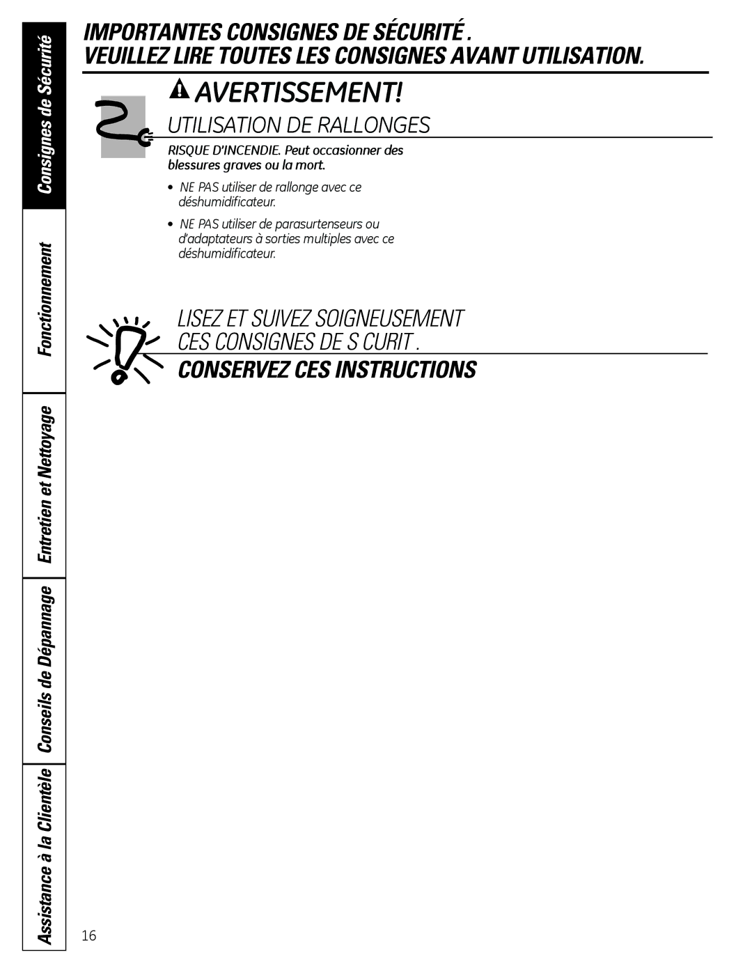 GE ADER50, ADER65, ADER30, ADER40 Utilisation DE Rallonges, Lisez ET Suivez Soigneusement CES Consignes DE S Curit 