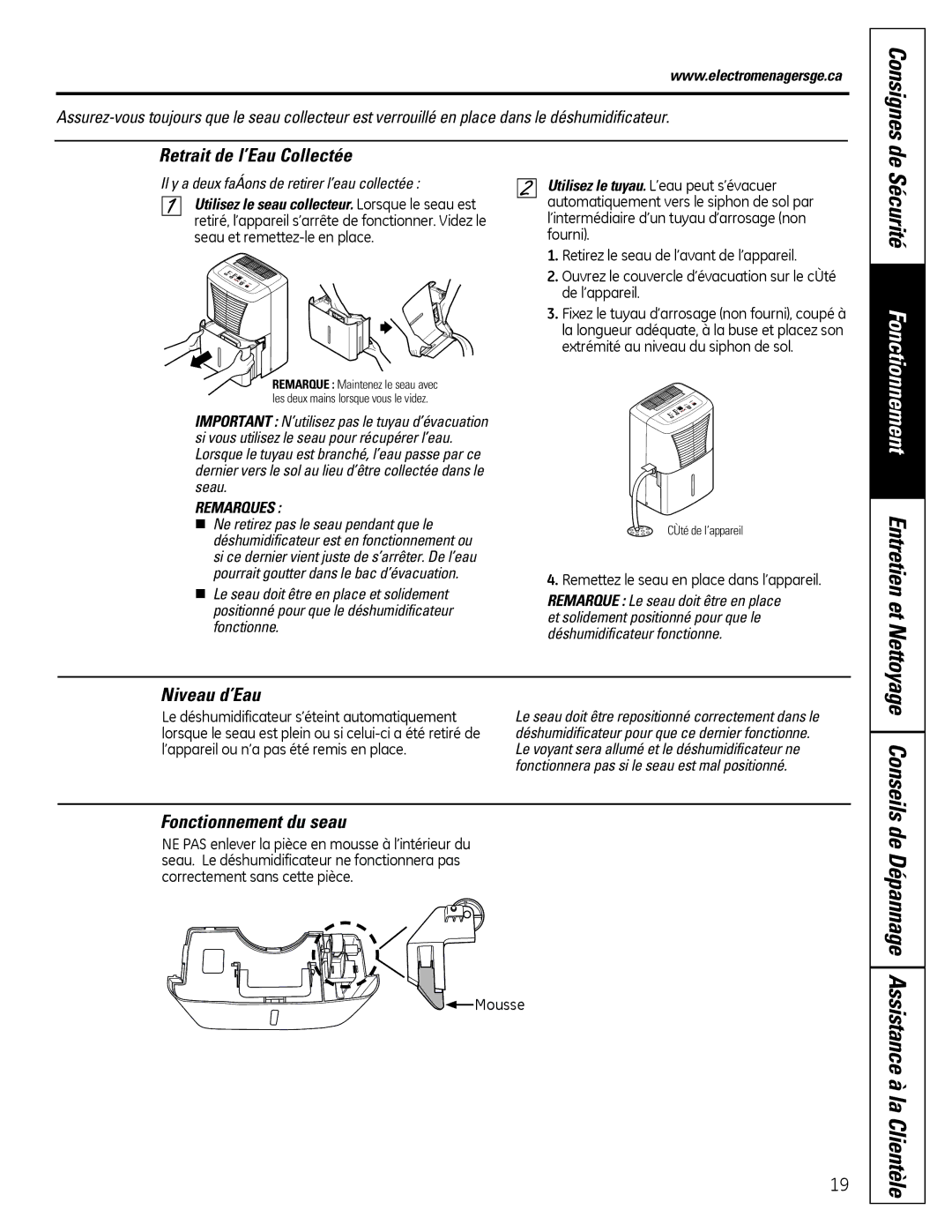 GE ADER40, ADER50, ADER65 De Sécurité, Retrait de l’Eau Collectée, Niveau d’Eau, Fonctionnement du seau, Assistanceàla 