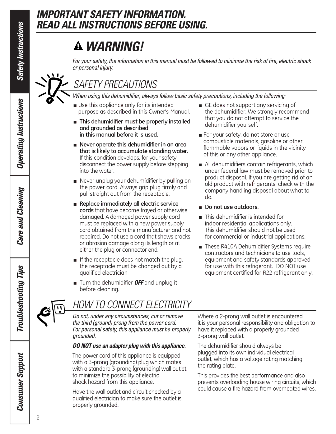 GE ADER30, ADER50, ADER65, ADER40 owner manual Safety Precautions, Tips Care and Cleaning Operating Instructions 