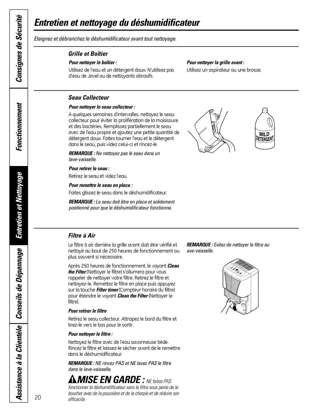 GE ADER50, ADER65, ADER30 Entretien et nettoyage du déshumidificateur, Grille et Boîtier, Seau Collecteur, Filtre à Air 