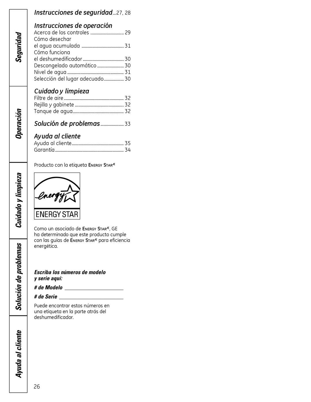 GE ADER30, ADER50, ADER65, ADER40 owner manual Cuidado y limpieza 