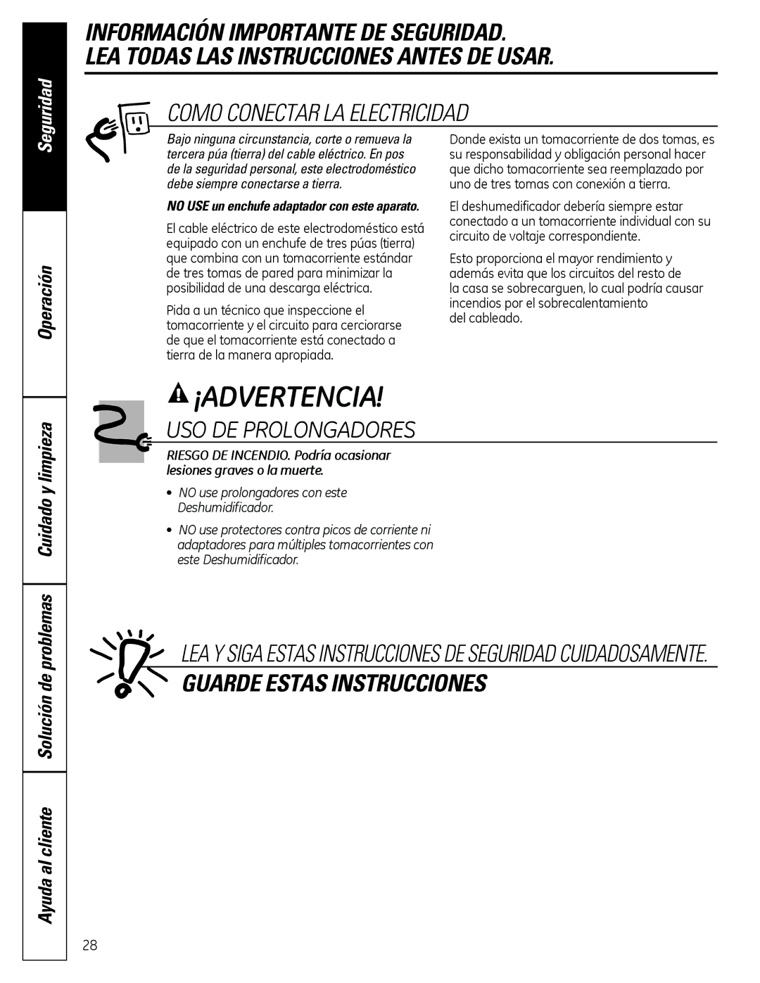 GE ADER50, ADER65, ADER30 Como Conectar LA Electricidad, USO DE Prolongadores, No USE un enchufe adaptador con este aparato 