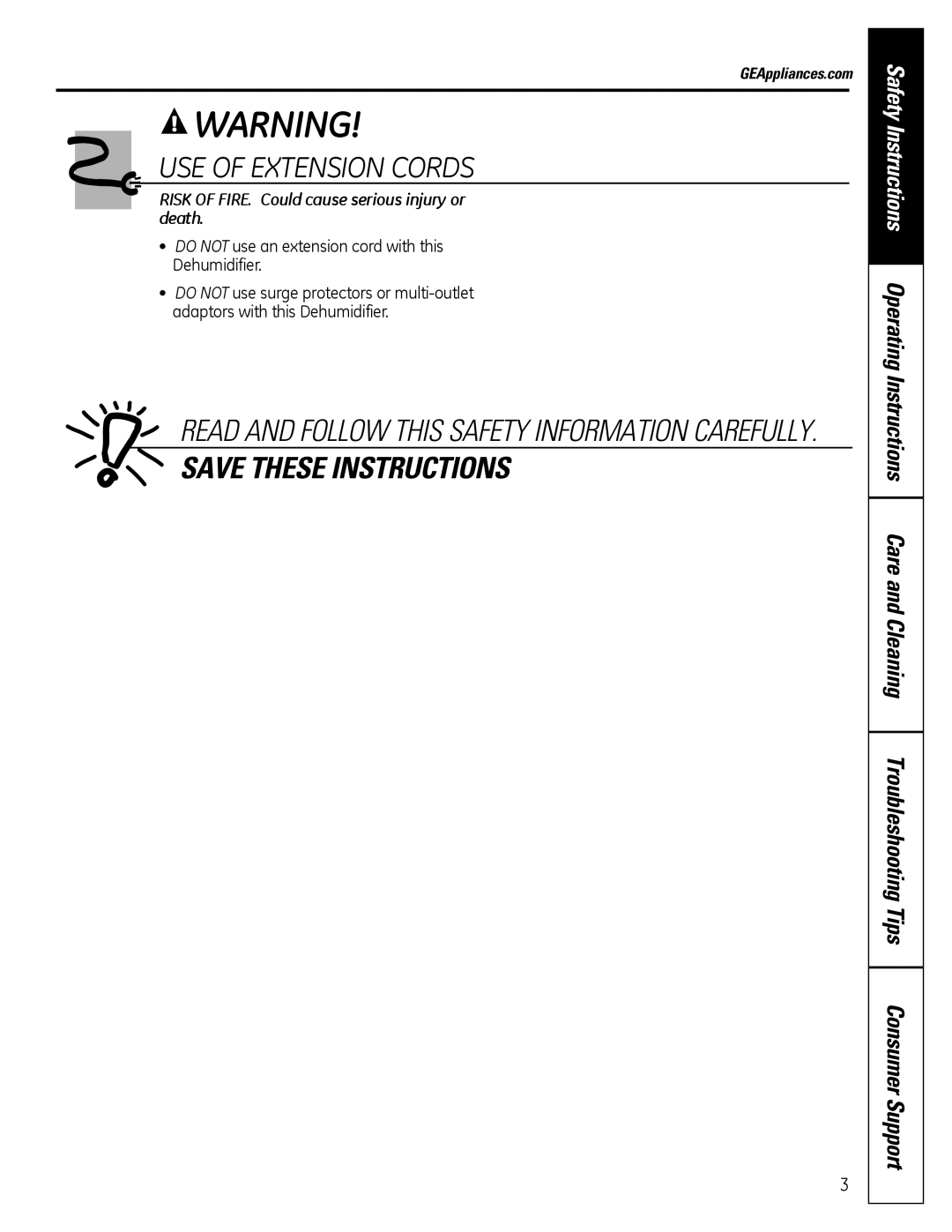 GE ADER40, ADER50, ADER65, ADER30 owner manual USE of Extension Cords, GEAppliances.com 