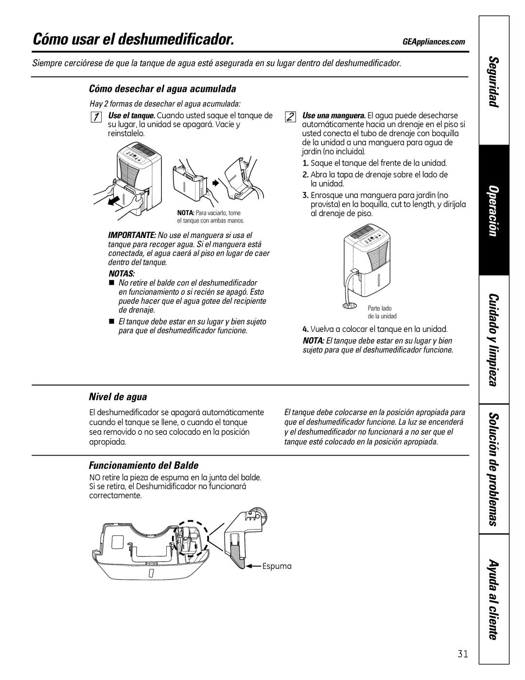 GE ADER40, ADER50, ADER65, ADER30 owner manual Cómo desechar el agua acumulada, Nivel de agua, Funcionamiento del Balde 