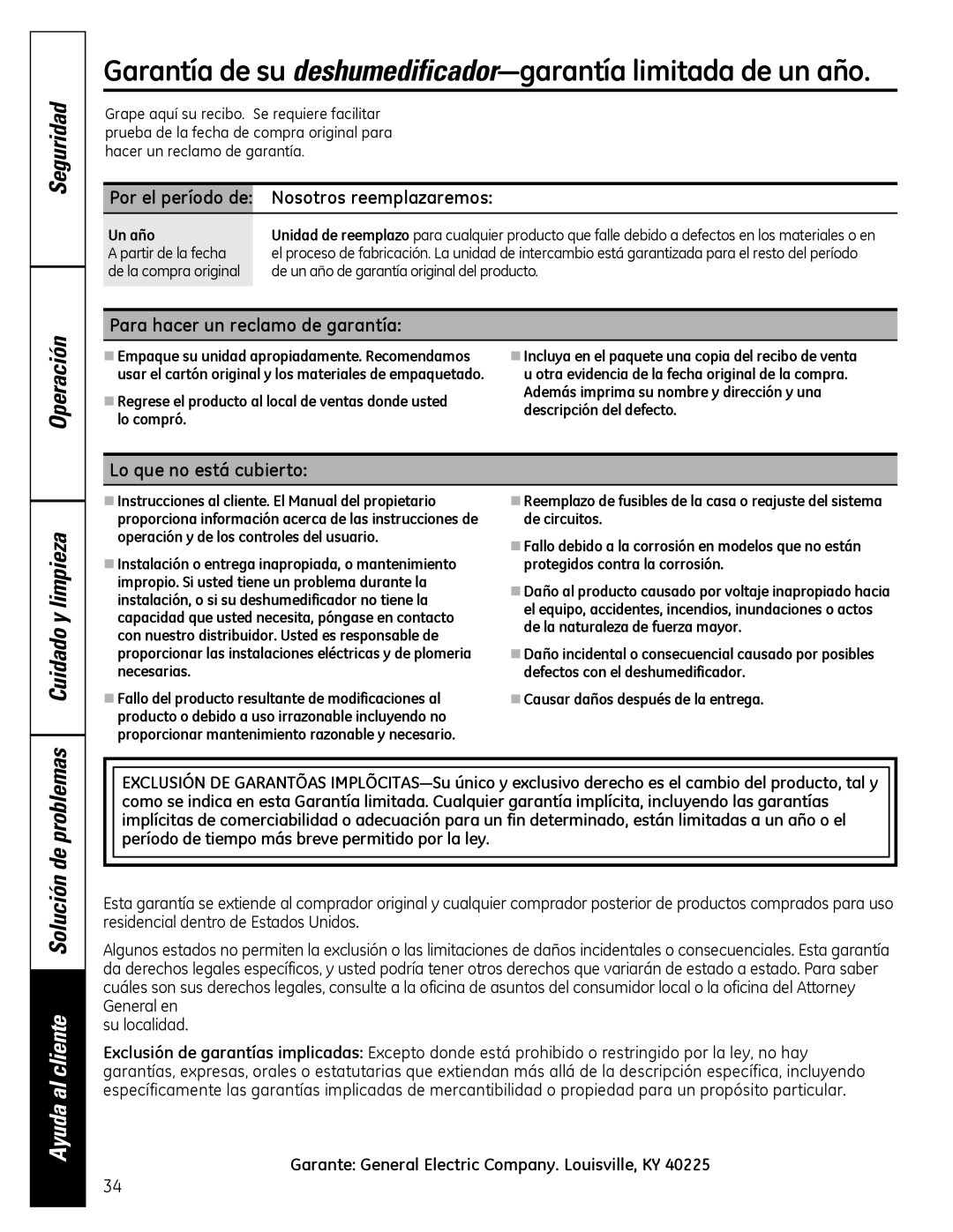 GE ADER30, ADER50, ADER65, ADER40 owner manual Operación Cuidado y limpieza, Partir de la fecha 