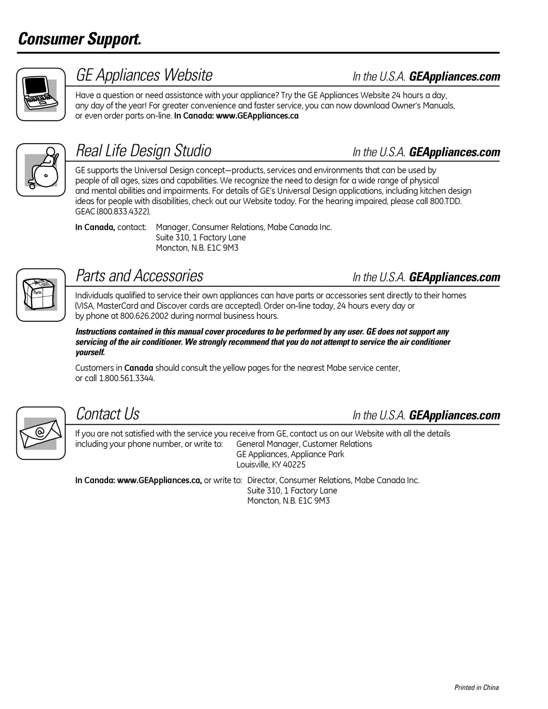 GE ADER50, ADER65, ADER30, ADER40 owner manual Consumer Support, By phone at 800.626.2002 during normal business hours 