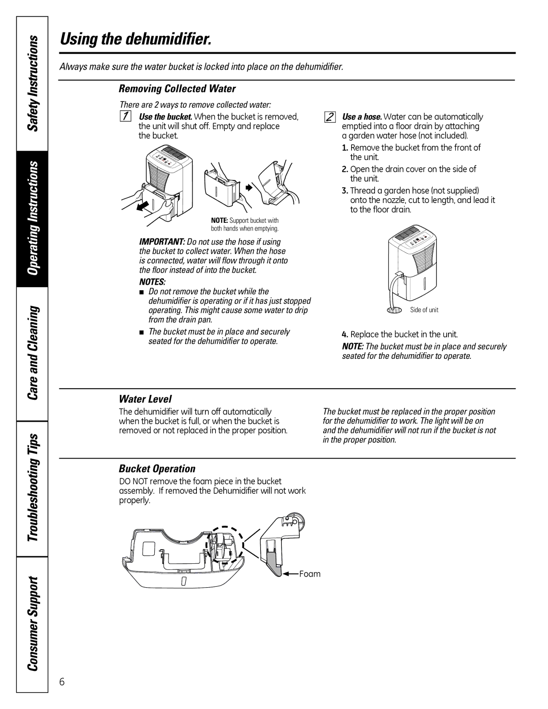 GE ADER30, ADER50, ADER65, ADER40 owner manual Instructions, Removing Collected Water, Water Level, Bucket Operation 