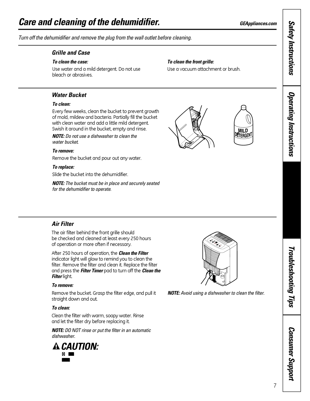 GE ADER40, ADER50, ADER65, ADER30 Care and cleaning of the dehumidifier, Grille and Case, Water Bucket, Air Filter 