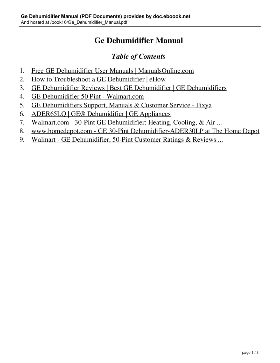 GE ADER65LQ user manual Ge Dehumidifier Manual, Table of Contents 