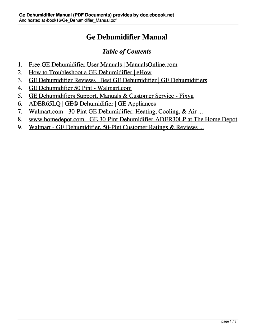 GE ADER65LQ user manual Ge Dehumidifier Manual, Table of Contents 