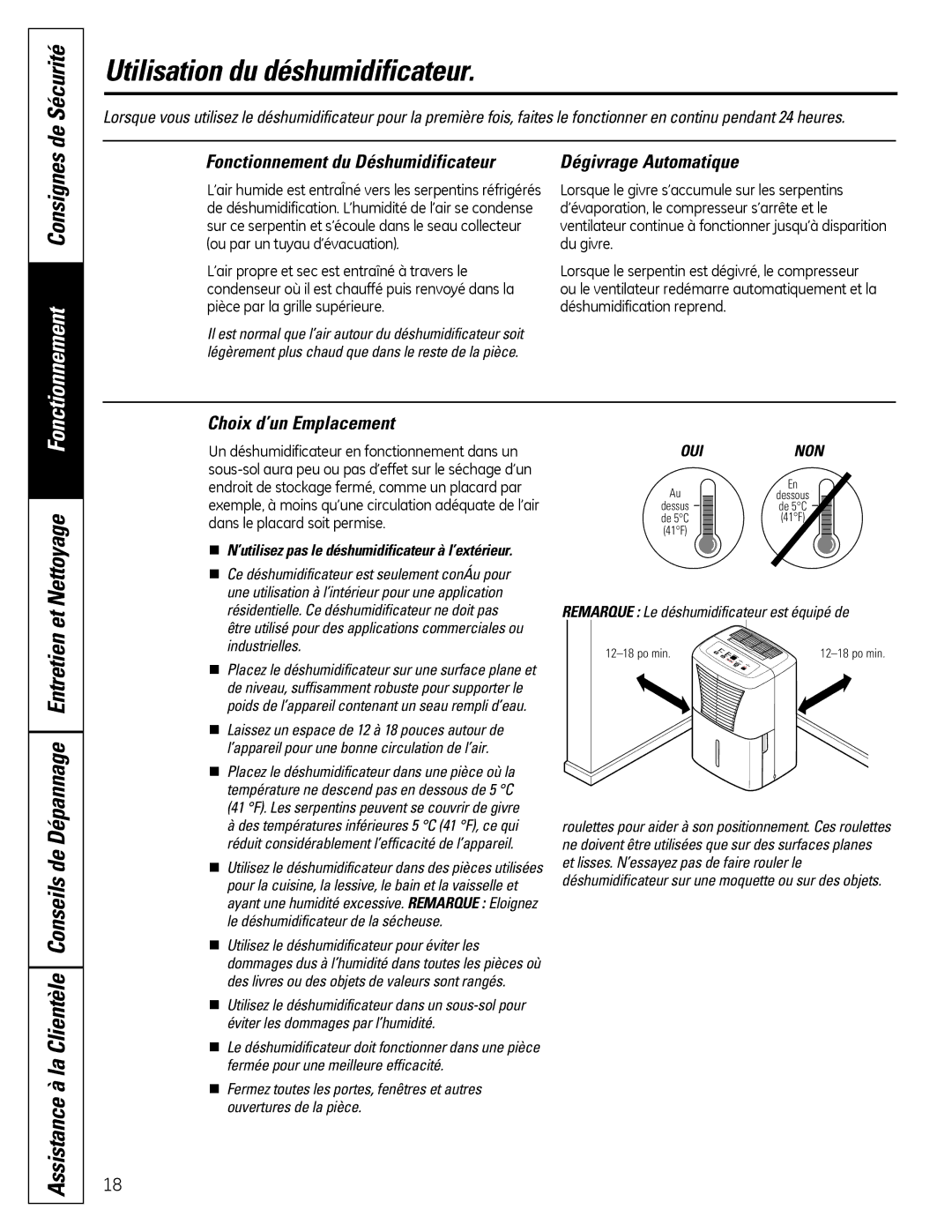 GE ADEW65, ADEW50, ADEW30 Utilisation du déshumidificateur, Fonctionnement du Déshumidificateur, Choix d’un Emplacement 