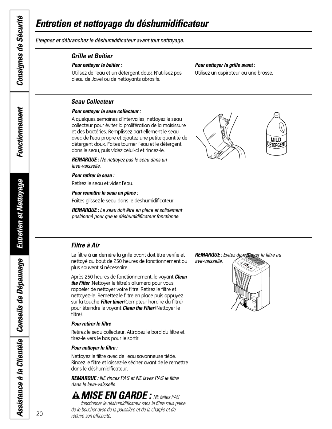 GE ADEW30, ADEW65, ADEW50 Entretien et nettoyage du déshumidificateur, Grille et Boîtier, Seau Collecteur, Filtre à Air 