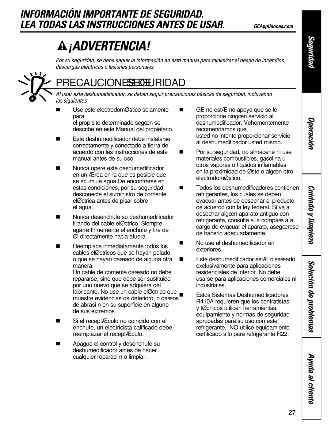 GE ADEW65, ADEW50, ADEW30 owner manual ¡Advertencia, Cuidado y limpieza Solución de problemas Ayuda al cliente 