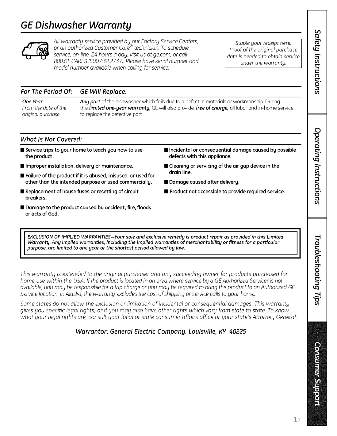 GE ADW! 000 SERIES operating instructions GE Dishwasher Warrants, GE Will Replace 