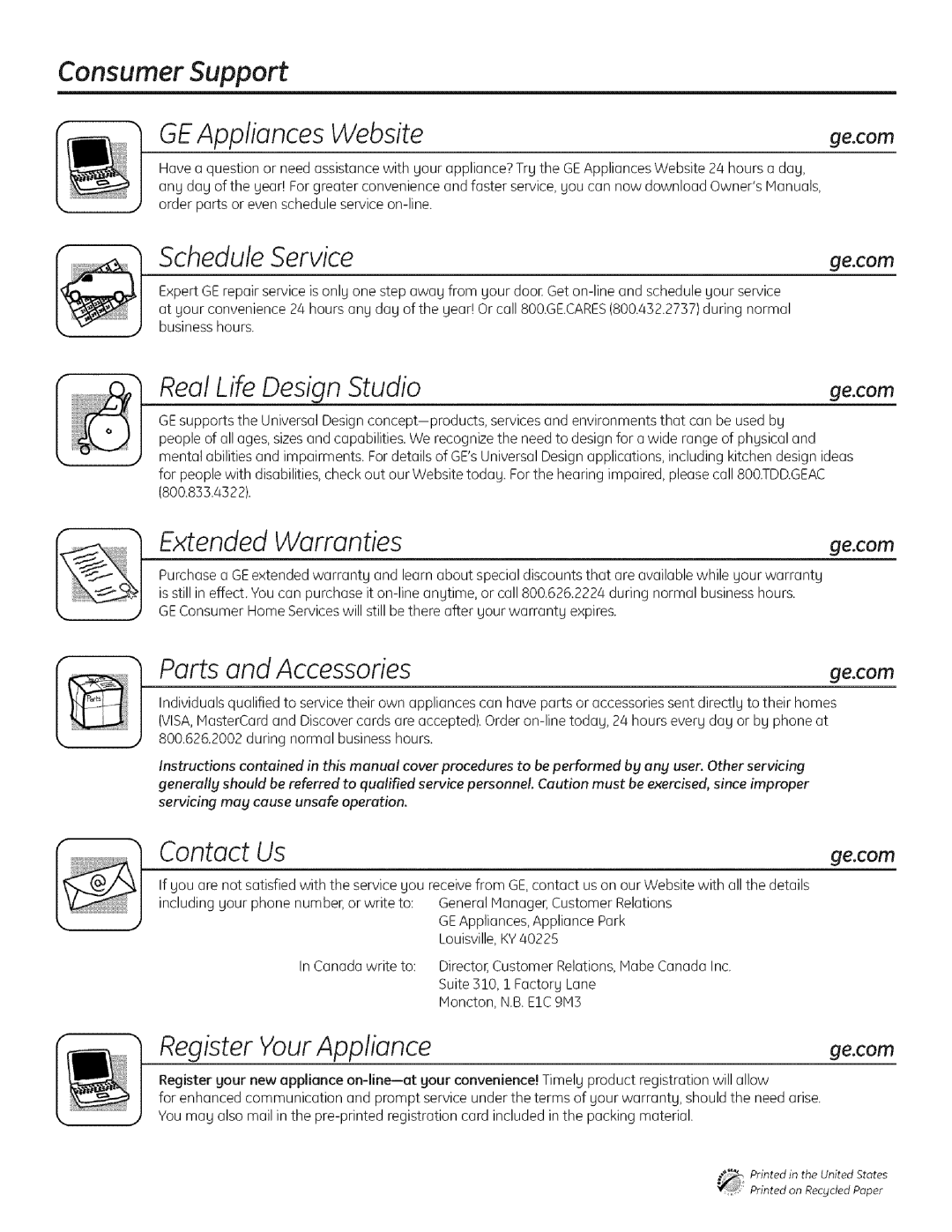 GE ADW! 000 SERIES Consumer Support, ScheduleServicege.com, RealLife Design Studio, Extended Warranties 