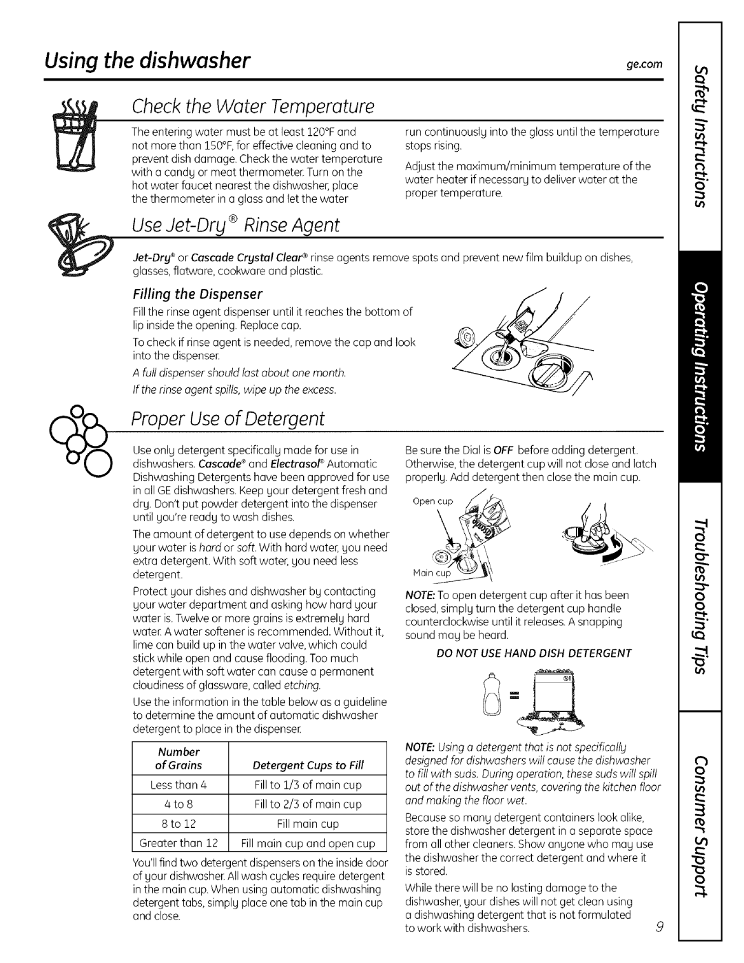 GE ADW! 000 SERIES operating instructions Using the dishwasher, UseJet-DryRinseAgent, Filling the Dispenser 