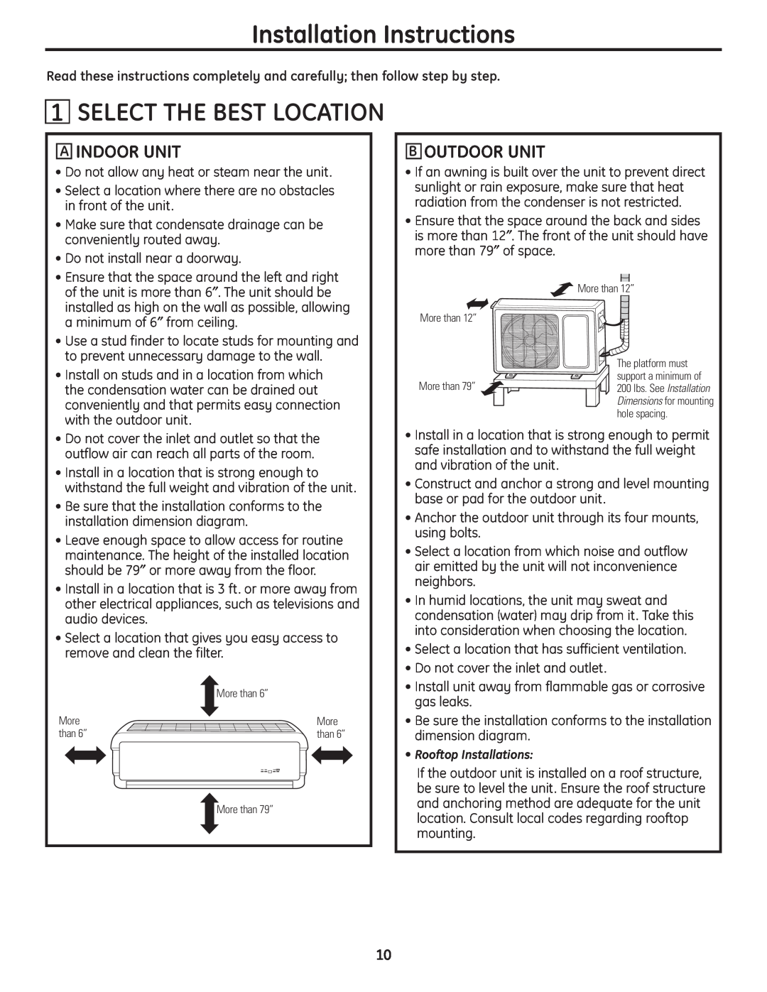 GE AE0RD20DM, AE0CD10AM, AE0CD14DM Select The Best Location, A Indoor Unit, Boutdoor Unit, Installation Instructions 