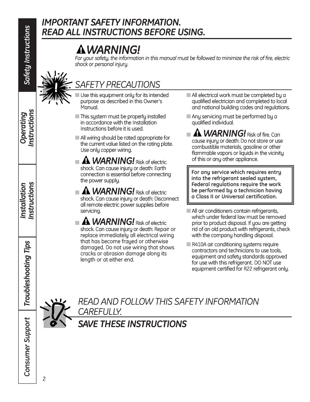 GE AE1CD20DM Important Safety Information, Read All Instructions Before Using, Safety Precautions, Save These Instructions 