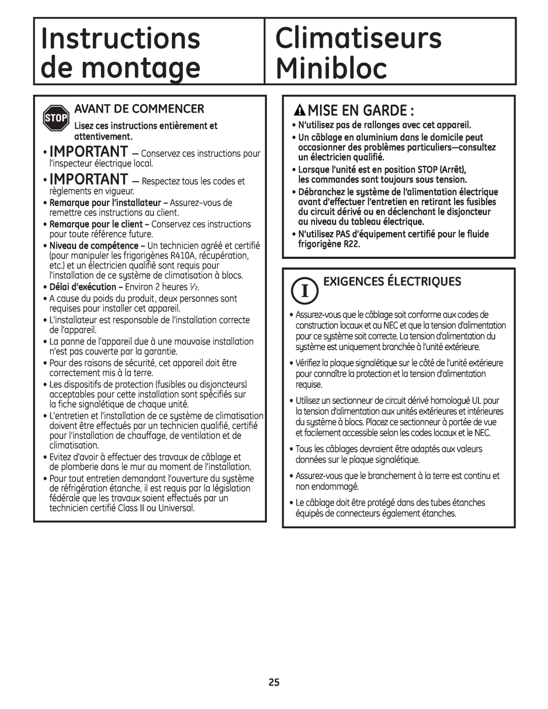 GE AE0CD14DM Instructions de montage, Climatiseurs Minibloc, Mise En Garde, Avant De Commencer, Exigences Électriques 