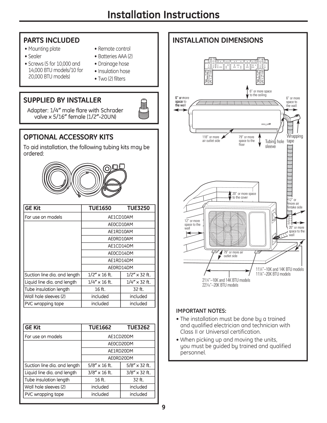 GE AE0RD10AM Installation Instructions, Parts Included, Installation Dimensions, Supplied By Installer, GE Kit, TUE1650 