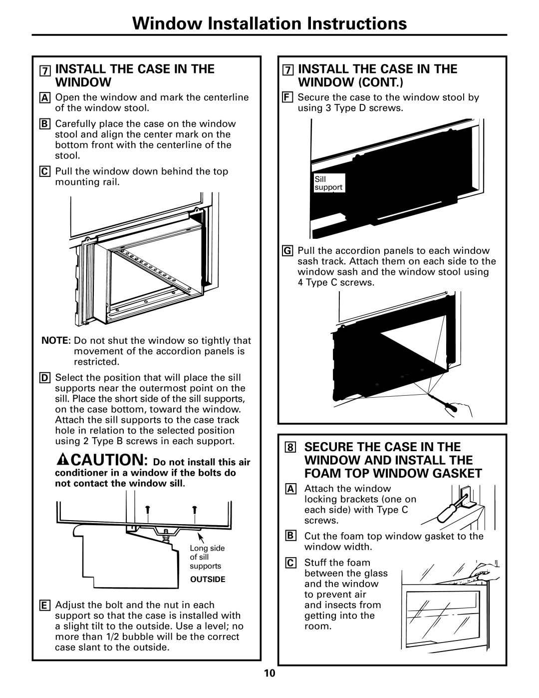 GE AEE08, AEE12 installation instructions Install the Case in the Window 