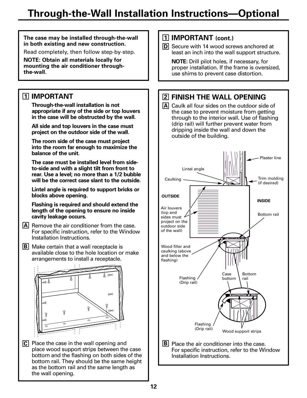 GE AEE08, AEE12 installation instructions Through-the-Wall Installation Instructions-Optional, Finish the Wall Opening 