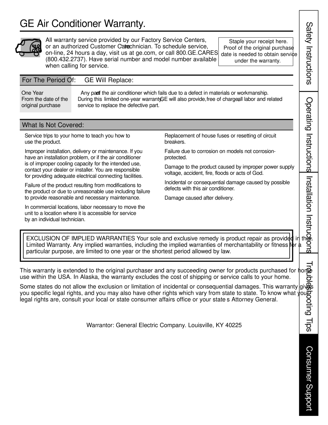 GE AEE12, AEE08 installation instructions GE Air Conditioner Warranty 