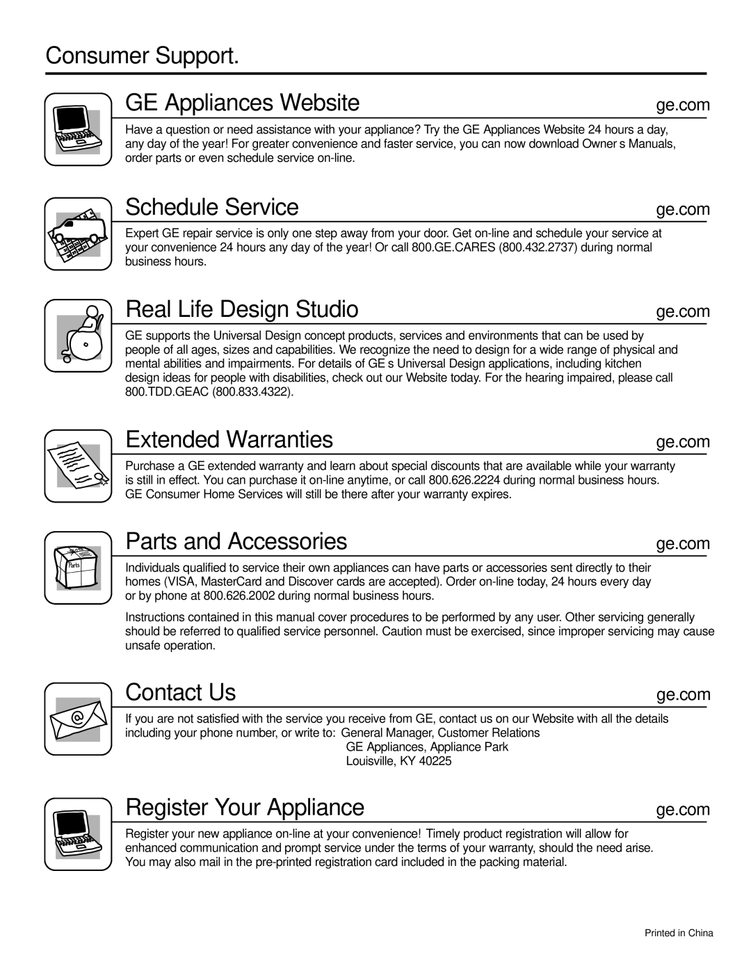 GE AEE08, AEE12 Consumer Support GE Appliances Website, Schedule Service, Real Life Design Studio, Extended Warranties 