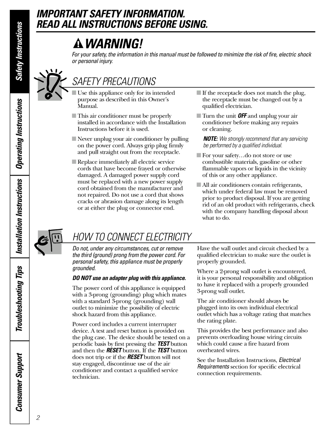 GE AEE08, AEE12 installation instructions Installation, Do not use an adapter plug with this appliance 