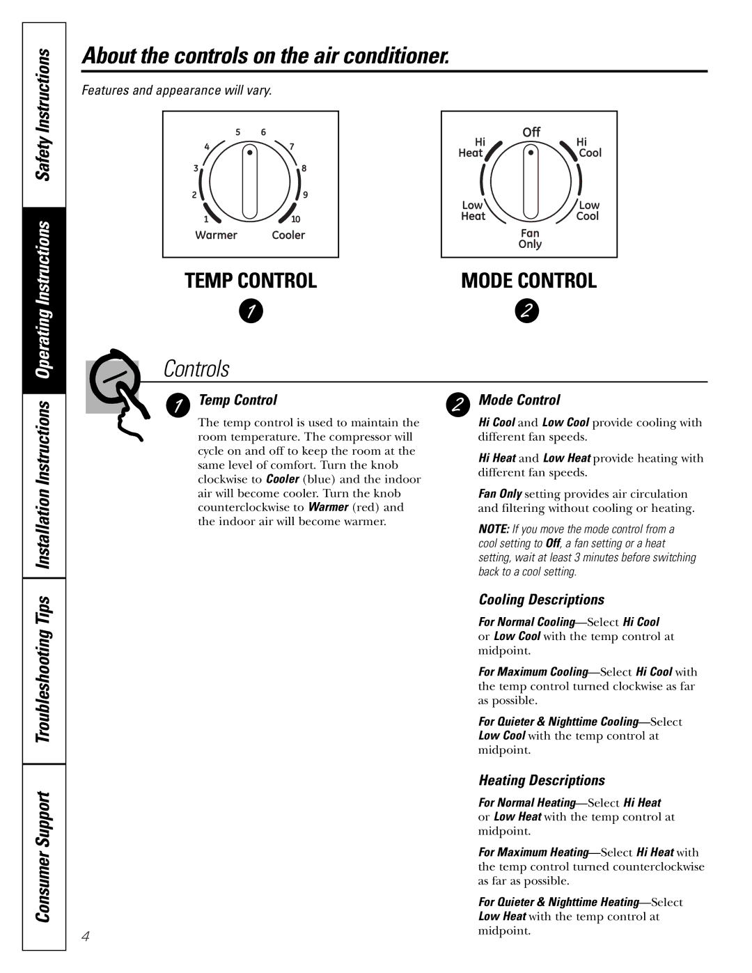 GE AEE08, AEE12 installation instructions About the controls on the air conditioner, For Quieter & Nighttime Cooling-Select 