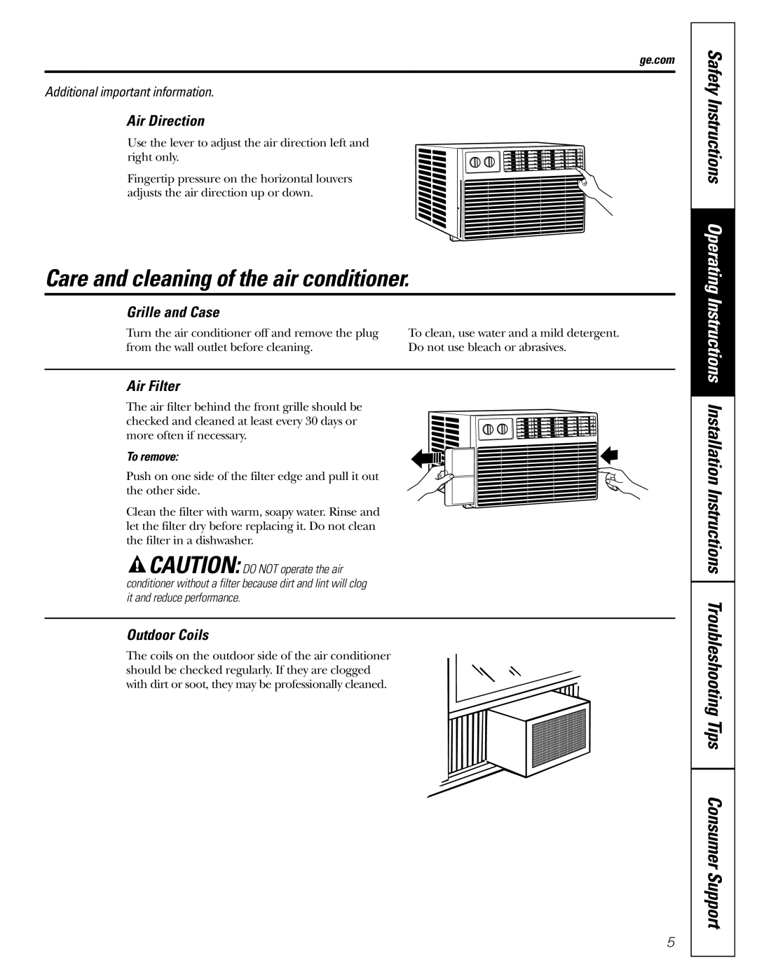 GE AEE12, AEE08 installation instructions Care and cleaning of the air conditioner, To remove 