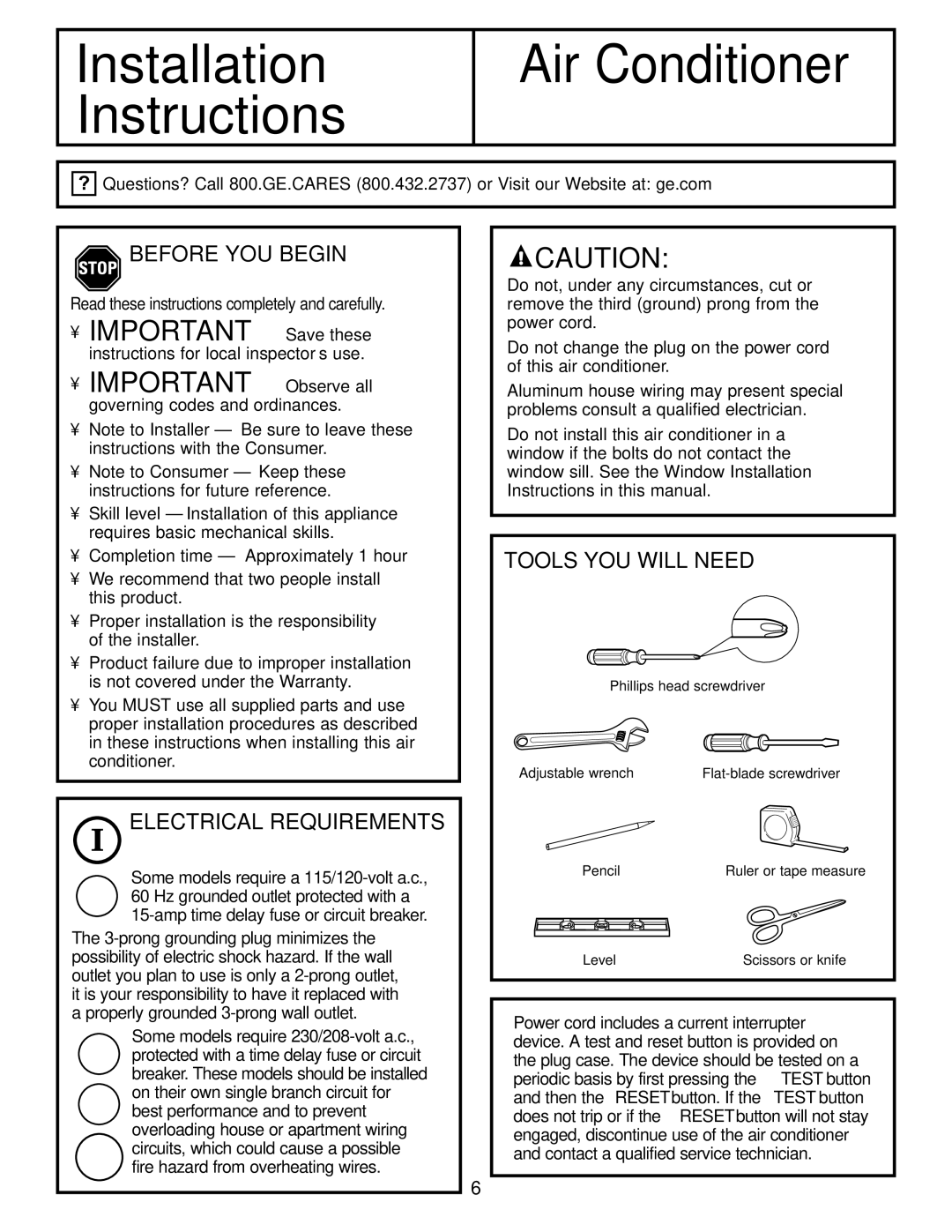 GE AEE08, AEE12 installation instructions Before YOU Begin, Electrical Requirements, Tools YOU will Need 