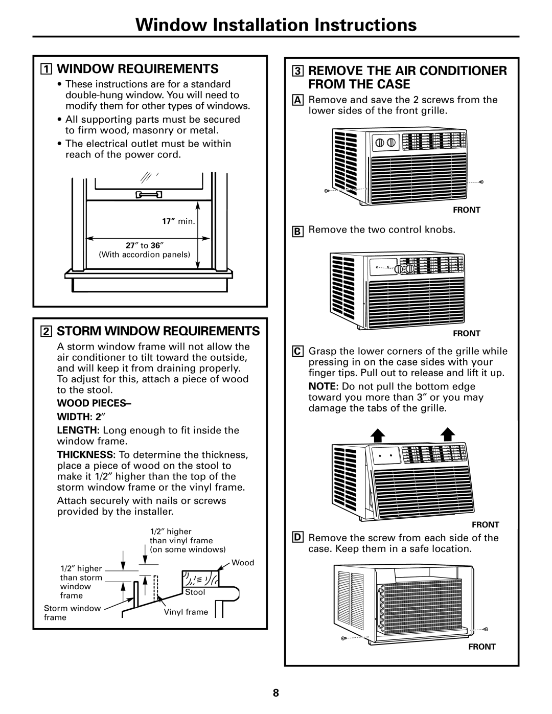 GE AEE08, AEE12 installation instructions Storm Window Requirements, Remove the AIR Conditioner from the Case 